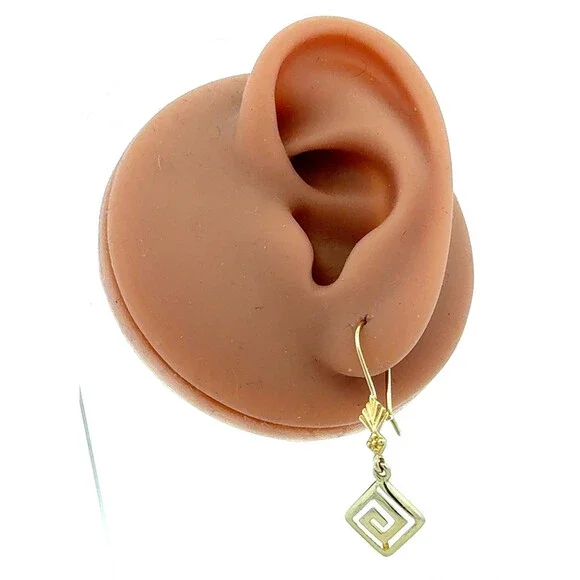 Designer 14K Yellow Gold Etruscan Modernist Square Swirl Dangle Hook Earrings